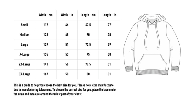Size chart for Ataraxia Hoodie Bundle
