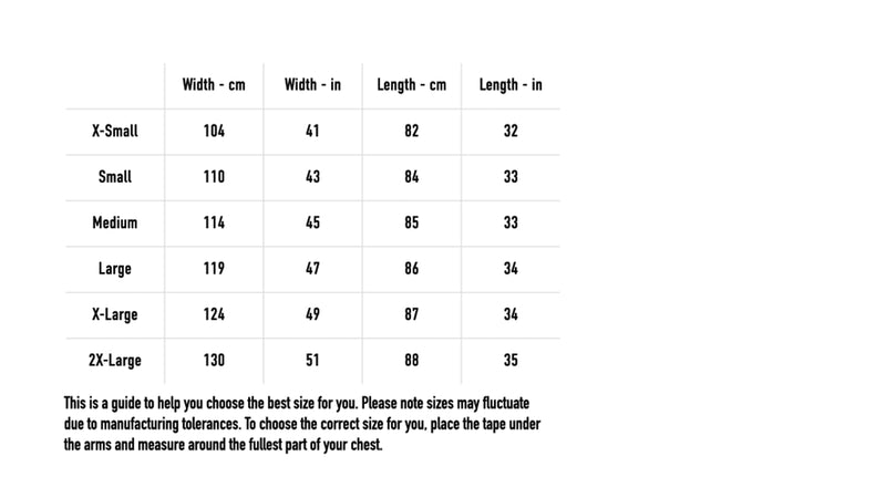 Size chart for Ataraxia Jersey Bundle