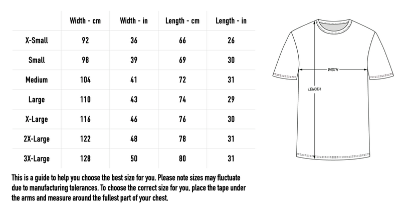 Size chart for Paralyzed Tee - Black