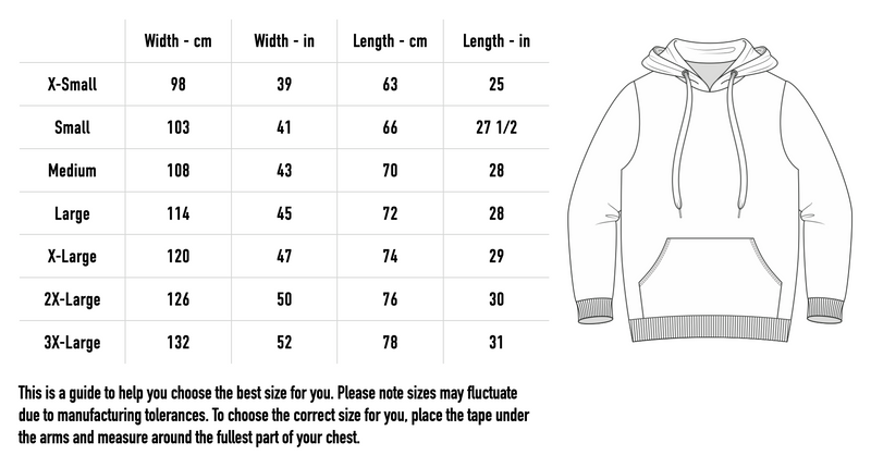Size chart for Seed of Destruction Hoodie - Black